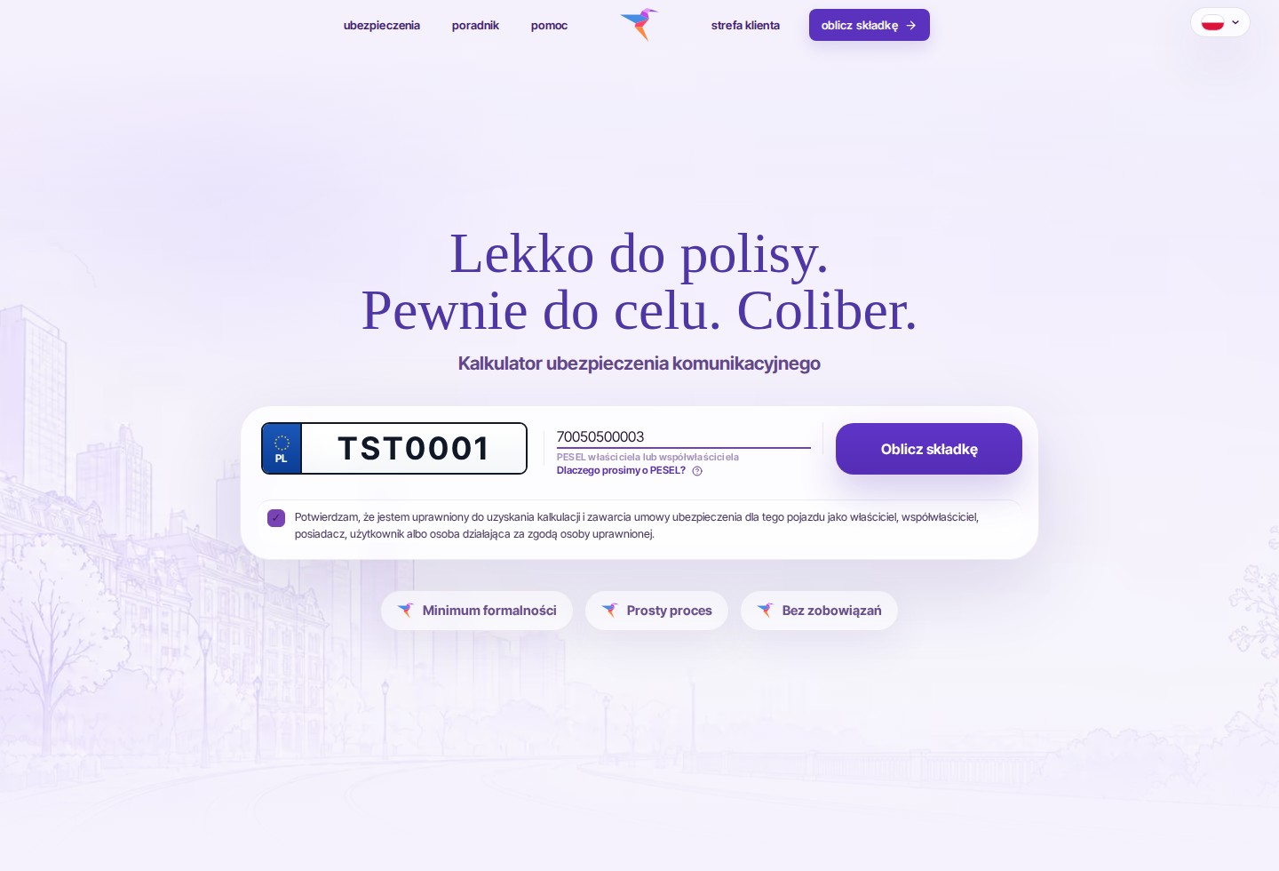 Przykładowy ekran kalkulatora coliber z numerem rejestracyjnym, PESEL i potwierdzeniem uprawnienia