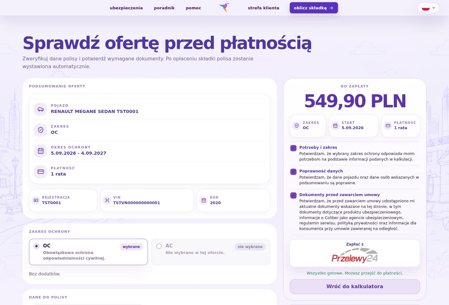 Przykładowe podsumowanie oferty coliber przed przejściem do płatności 549,90 zł